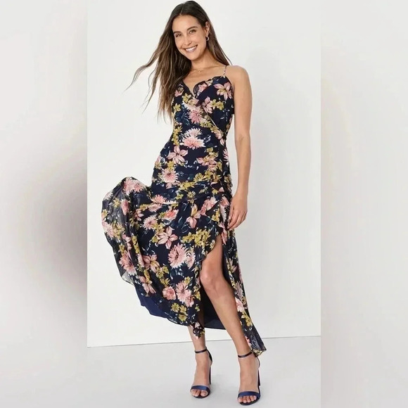 Lulus Stunning Soiree Navy Blue Floral Ruched Midi Dress - Picture 3 of 8